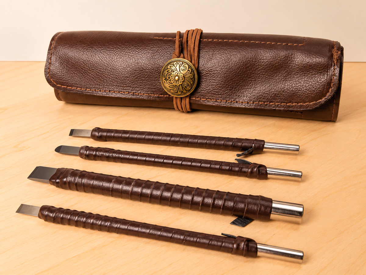 4-Piece Stone Carving Chisel Set with Leather Wrap