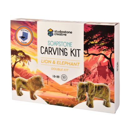 Kit double : kit de sculpture sur pierre à savon Lion & Éléphant