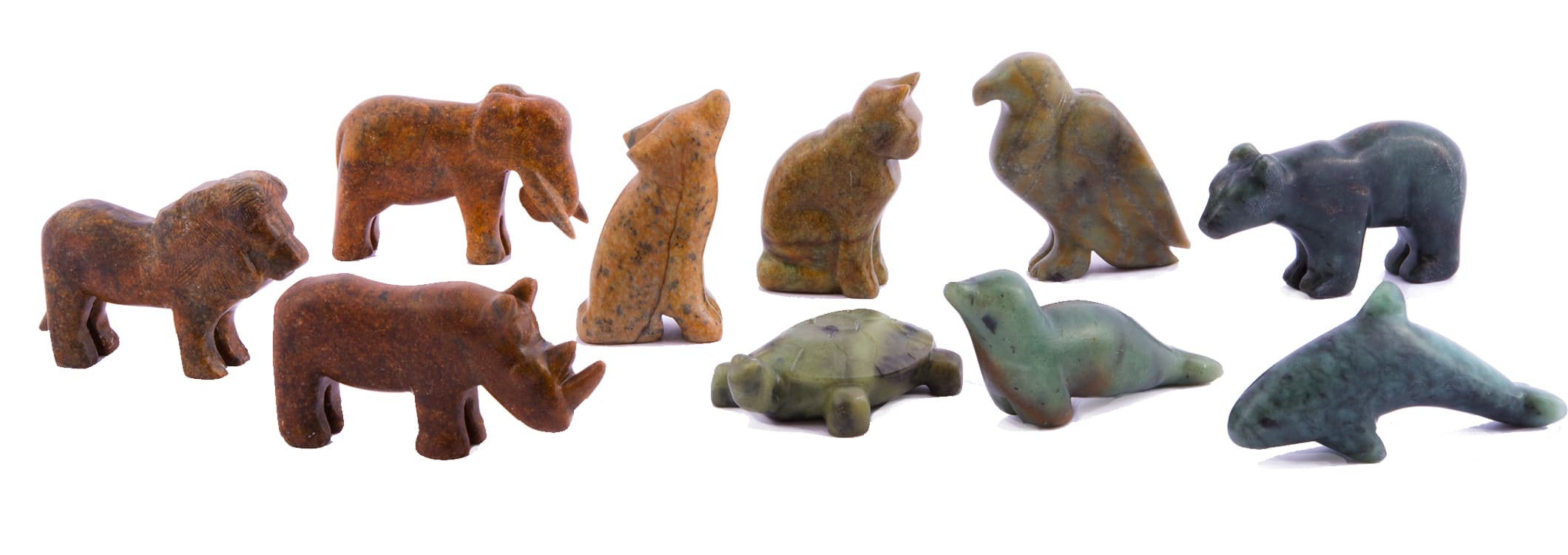 Ten animals carved in soapstone, one lion, rhino, elephant, wolf, cat, turtle, eagle, seal, bear and orca