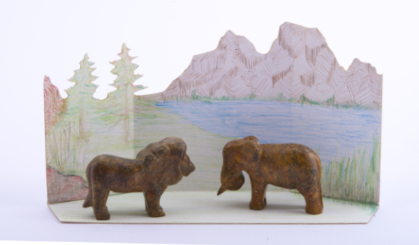 Lion and Elephant sculptures with a sketched natural background 