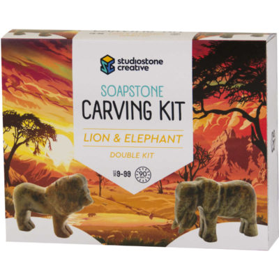 Double lion and elephant soapstone carving kit box