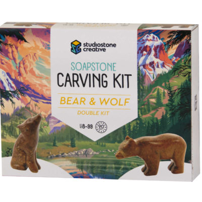 Double bear and wolf soapstone carving kit box