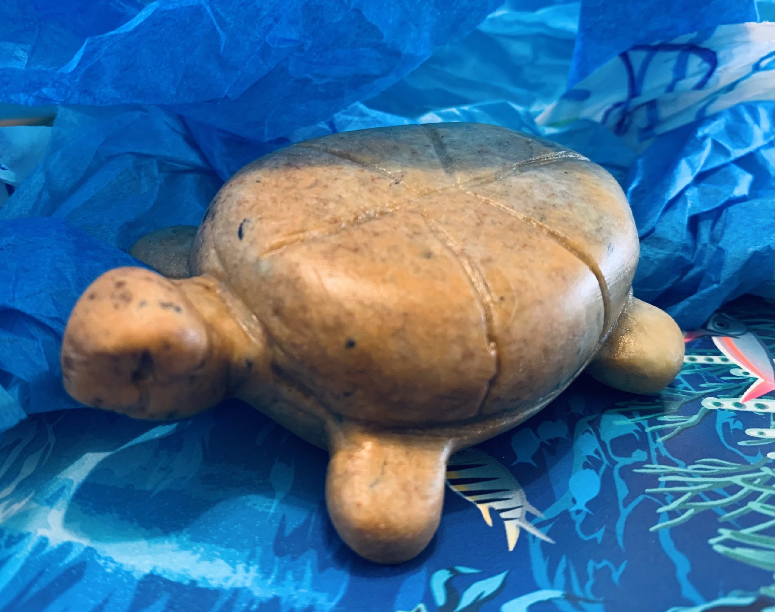 Turtle sculpture on a blue fabric